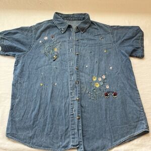 Vtg 90s  Shirt Unknown Size Denim Embroidered Floral Short Sleeve Spring Bee Bug